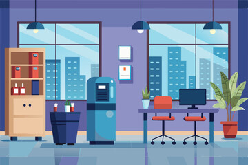 Illustration of a modern office interior featuring a desk with chairs, computer, plants, and a cityscape view. Ideal for business and workplace settings with a contemporary feel.