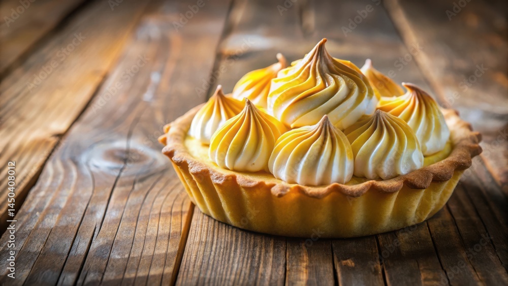 Poster a closeup shot of a freshly baked lemon meringue tart with swirls of meringue on a rustic wooden tab