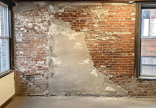 Partially exposed brick wall with peeling plaster near indoor window.