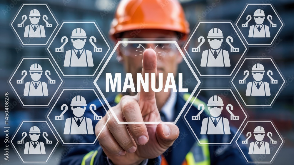 Poster construction worker interacting with a manual interface.