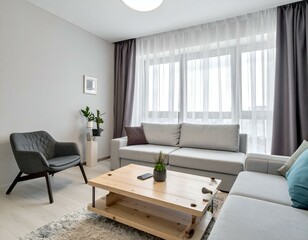 Fototapeta premium Modern living room interior design. Light grey sofa, wooden coffee table, armchair, plants, and large window with curtains.