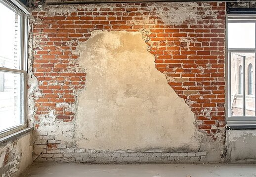 Partially exposed brick wall with peeling plaster near indoor window.