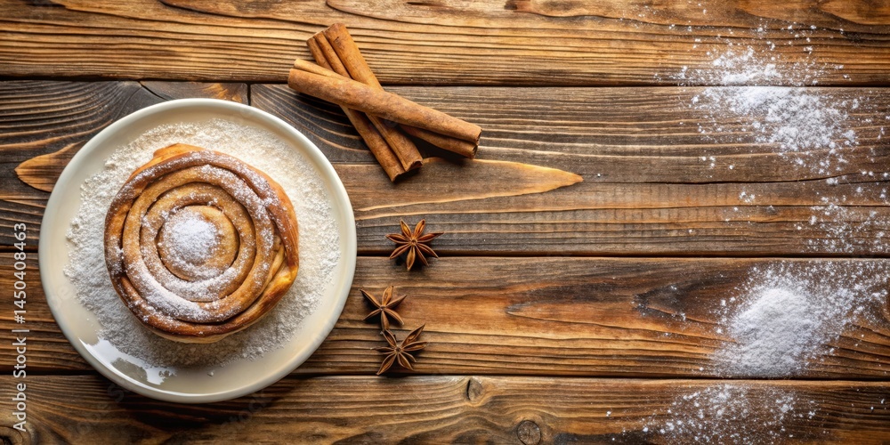 Poster a delicious cinnamon roll with powdered sugar and cinnamon sticks on a rustic wooden table