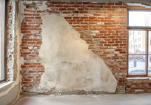 Partially exposed brick wall with peeling plaster near indoor window.