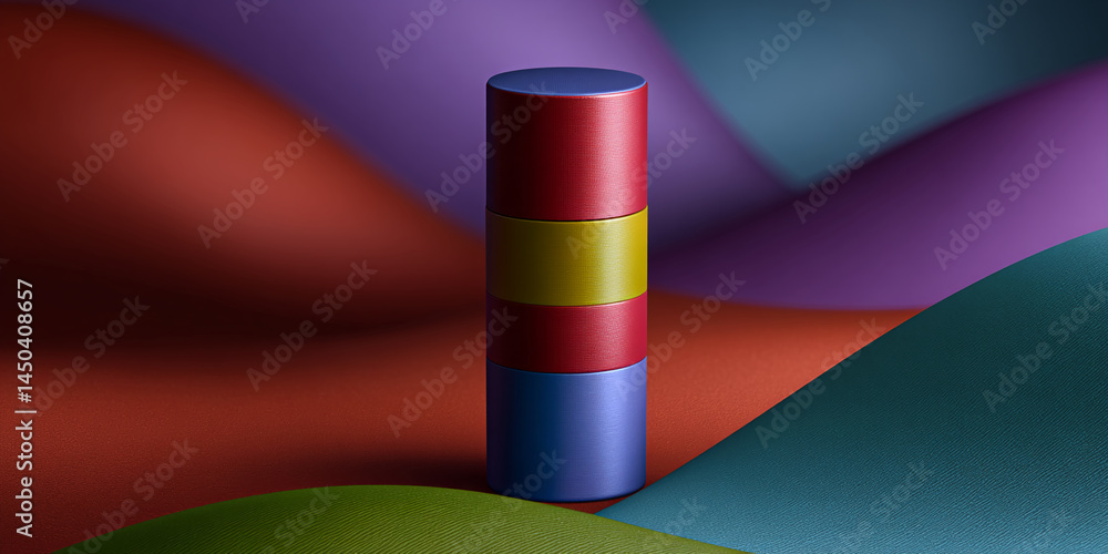 Poster stacked cylinders in red, yellow, and blue on textured background of various colors, creating a vibr