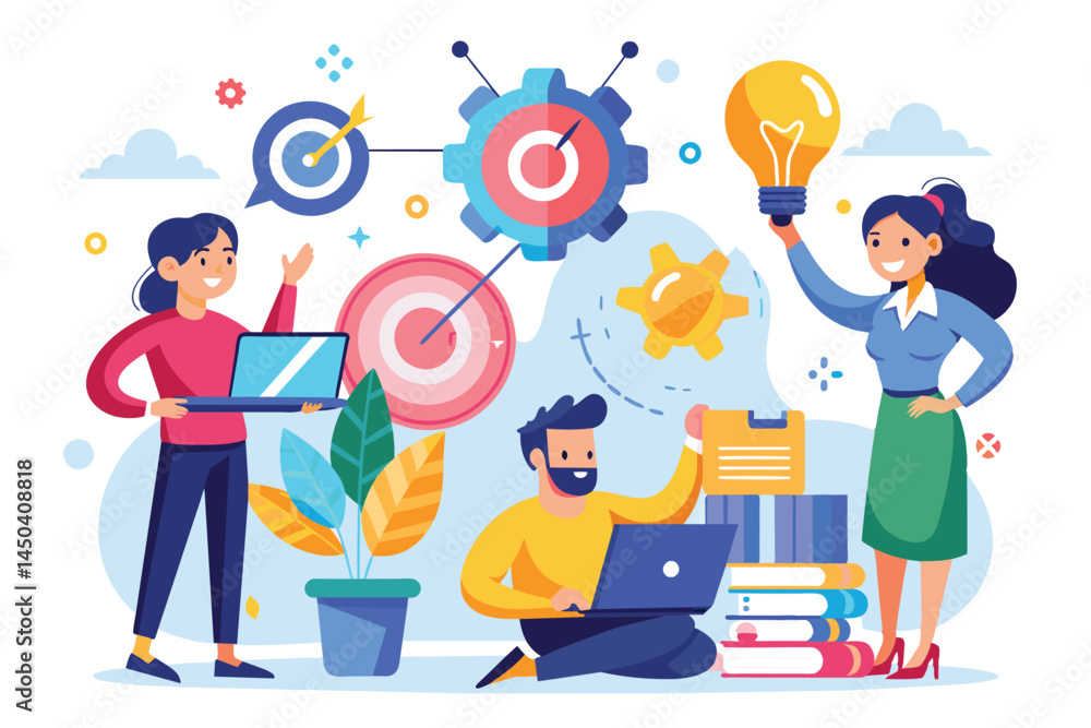 Aufkleber illustration of a diverse team collaborating with technology and ideas. creativity and teamwork driv