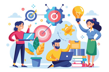 Illustration of a diverse team collaborating with technology and ideas. Creativity and teamwork drive innovation, symbolized by a lightbulb and target goals. Perfect for business and strategy visuals.