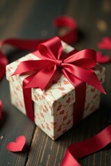 Vintage red bow gift box on rustic wood Valentine's Day , retro, love