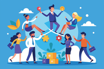Illustration depicting diverse professionals engaging in teamwork and collaboration. Vibrant characters exchange ideas, symbolizing innovation, creativity, and unity in a modern business environment.