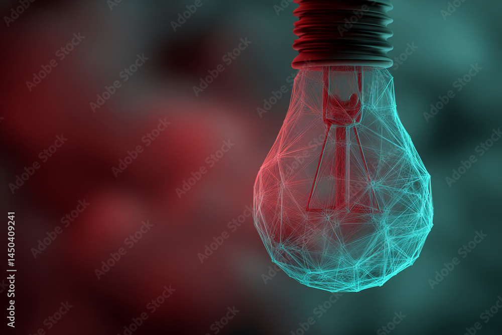 Aufkleber abstract image of a lightbulb, rendered as a network of lines, illuminated in teal and red hues agai