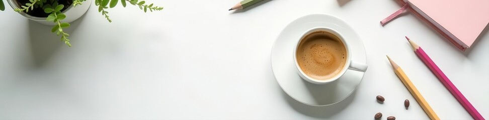 Fototapeta premium White desktop workspace; coffee, pencils, blank space for product , pencils, coffee