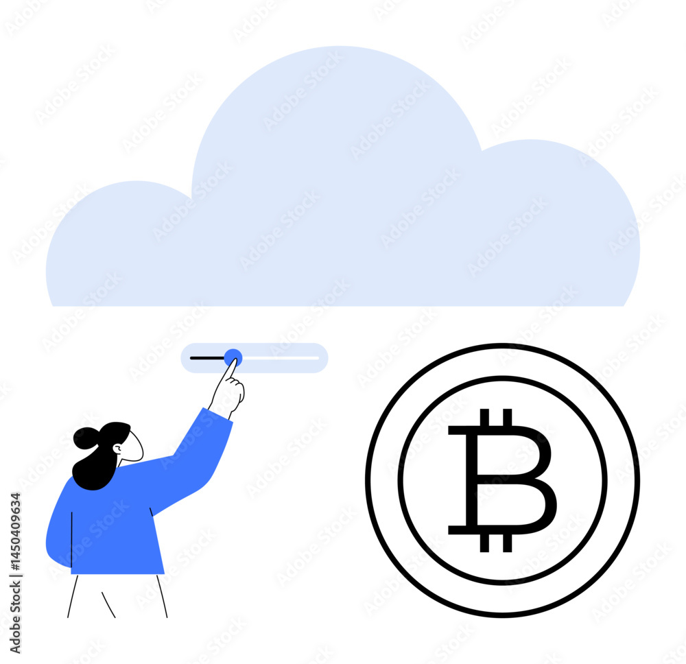 Poster person pointing to a digital interface under a cloud shape and next to a bitcoin symbol. ideal for t