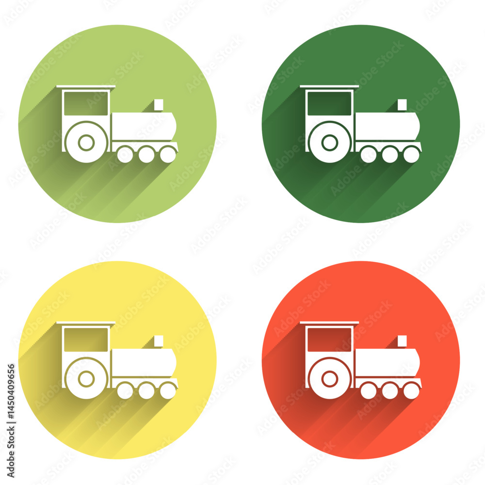 Poster set retro train icon isolated with long shadow background. public transportation symbol. color circl