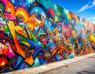 Vibrant urban street art mural painted on a wall.  Colorful graffiti art.