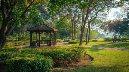 Obraz premium Park with a wooden gazebo, surrounded by trees, flowering bushes, and open green spaces on white