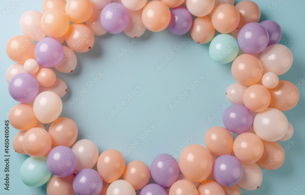 Poster pastel balloons arranged in a circular frame against a light blue background, creating a blank space