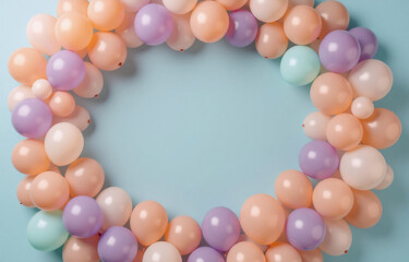 Pastel balloons arranged in a circular frame against a light blue background, creating a blank space in the center ideal for text or images.