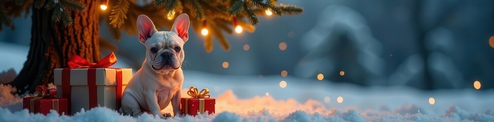 Wrinkled Frenchie guards gifts under twinkling tree , pet, cute dog