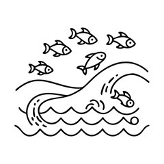 ocean wave with fish icon, ocean wave with fish line art - simple line art of ocean wave with fish, perfect for ocean wave with fish logos and icons