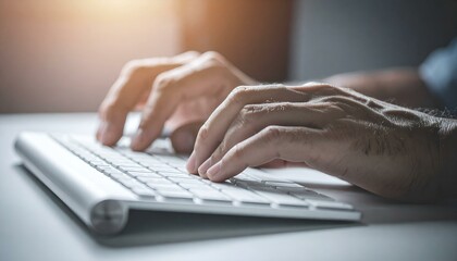 Close-up of hands typing on a wireless keyboard.  Image depicts digital work, online activity, and modern technology.