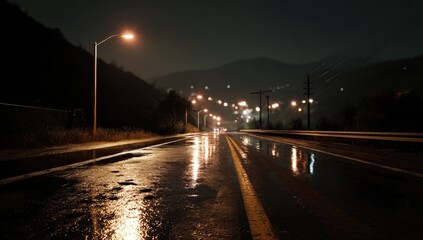 Wet asphalt road at night, city lights reflecting in puddles.  Dark, misty mountains in the background
