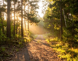 Fototapeta premium Sunlit path through a tranquil forest at sunrise. Golden hour light illuminates trees and foliage. Peaceful nature scene.