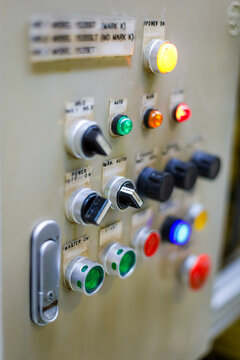 Control panel of machine in the manufacture. Button and selector switch of machine.