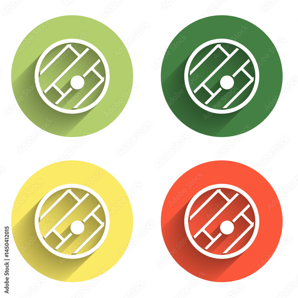 Poster set folded map with location marker icon isolated with long shadow background. color circle button. 