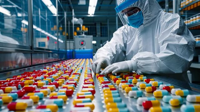 Worker in a clean suit, mask, and face shield, manually inspects and sorts capsules on a production line. Shows the precision and care taken in pharmaceutical manufacturing.