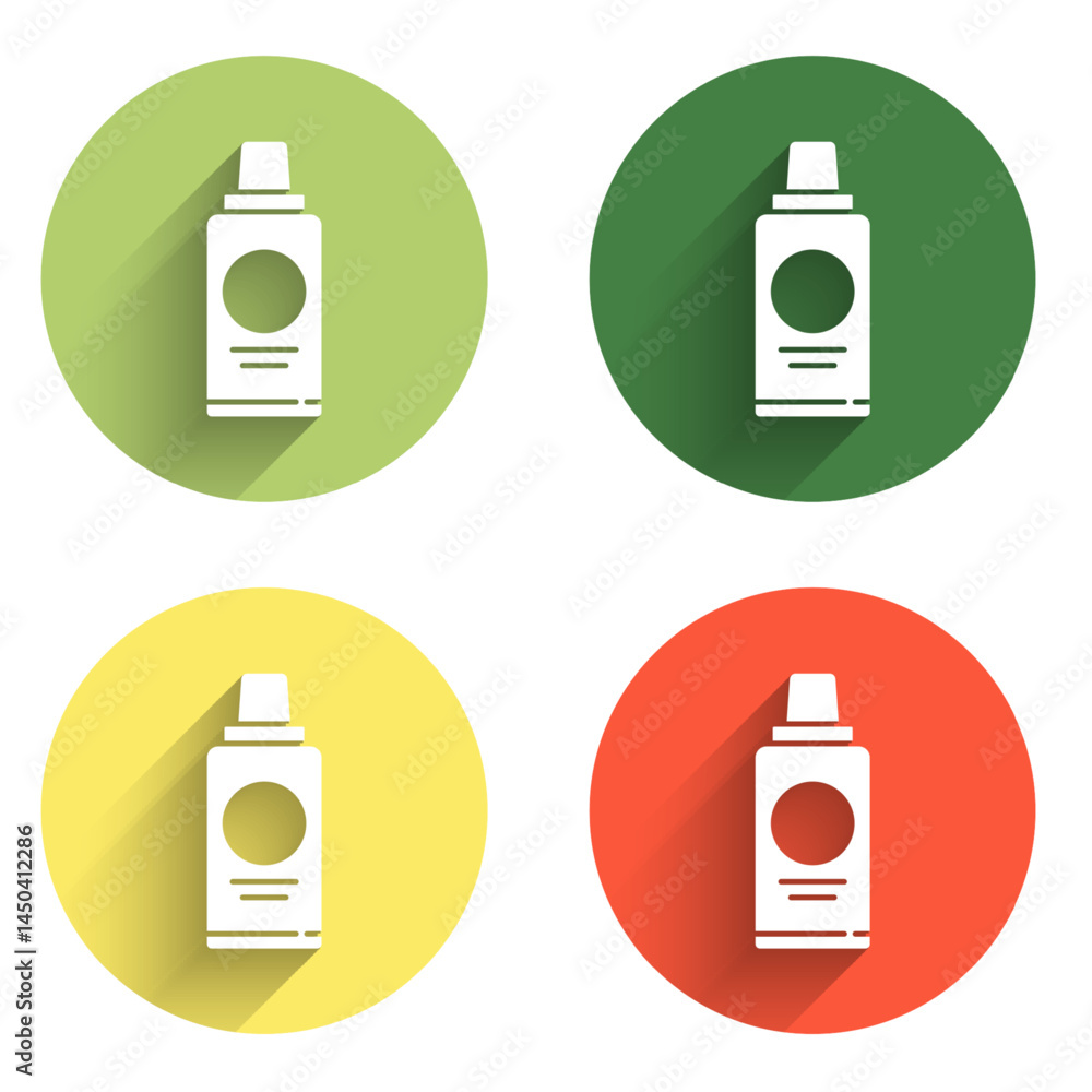 Poster set bottle of shampoo icon isolated with long shadow background. color circle button. vector