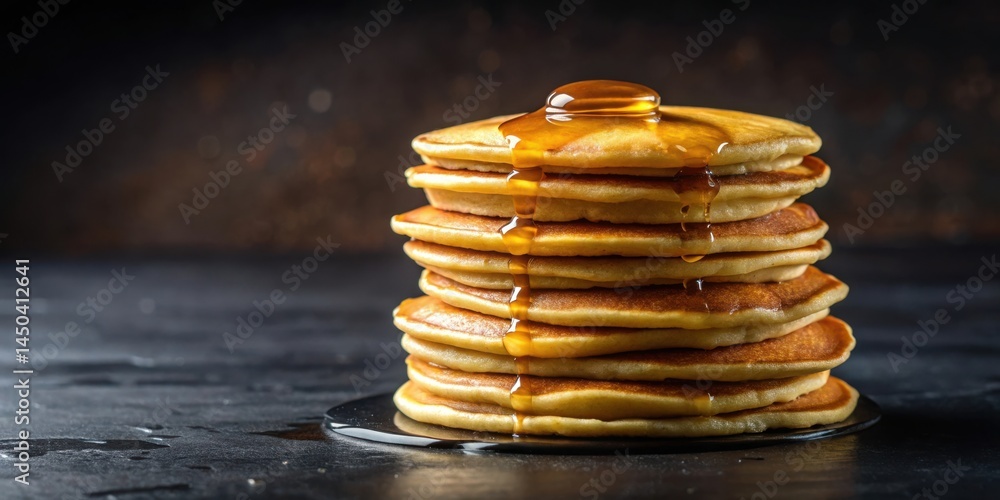 Poster a stack of golden brown pancakes, drizzled with golden syrup, arranged on a dark background, creatin