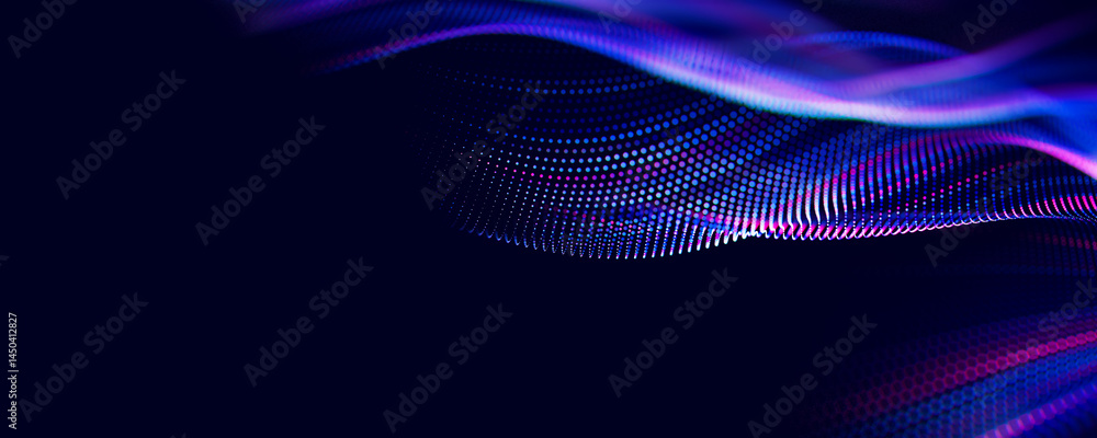 Poster Abstract wave of particles. Big data digital flow concept. LLM learning process, AI technology. Quantum computing. with place for text