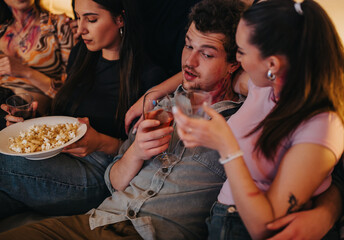 A group of friends relaxes on a sofa during a birthday party, enjoying snacks and drinks in a cozy,...