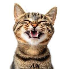 Obraz premium Joyful feline grin: A close-up of a cat's face captures a moment of pure feline bliss, mouth wide open in a genuine, happy grin, teeth bared in a delightful expression.