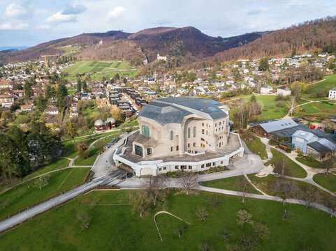 Dornach, Switzerland - March 27. 2023: Aerial image of the Goetheanum II, desigen by Rudolf Steiner in Expressionistic architecture style in 1924, is the world center for anthroposophical movement.