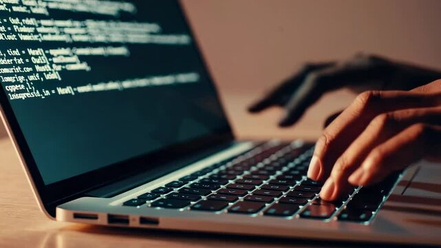 Programmer hands typing code on laptop keyboard, screen illuminating dark workspace with soft glow while developing software application