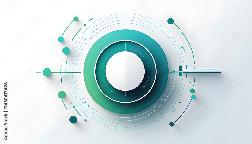 Poster abstract design with circles and lines radiating from a central white sphere on white background