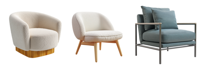 Scandinavian modern lounge armchairs with curved backrest and textured upholstery in cream and blue tones, isolated on transparent background, ideal for interior design, furniture catalog, or home dec