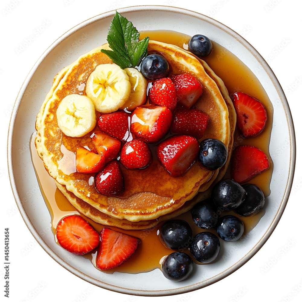 Poster stack of pancake delight: a tempting stack of fluffy pancakes, adorned with a colorful assortment of