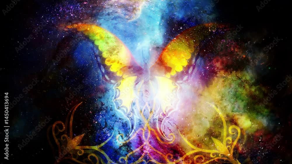 Poster butterfly with ornament in cosmic space. painting and graphic design. loop animation.