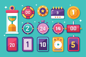 A vibrant collection of flat design icons featuring various timers and countdowns. Perfect for digital or gaming themes, these graphics highlight time management in a playful style.