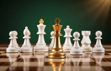 The golden king is the focus, surrounded by white chess pieces on a dark green background, suggesting leadership.