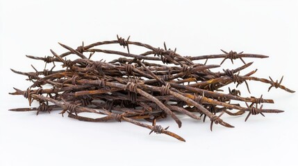 Fototapeta premium Pile of cut barbed wire segments with rusted tips on white background.
