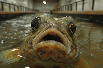 Close-up of a fish in a large water tank at an aquatic facility during a research session in the afternoon