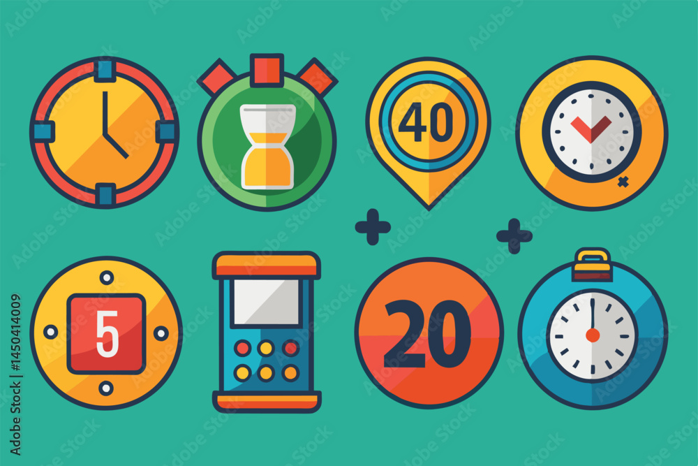 Poster a vibrant set of vector illustrations featuring various clocks and timers, showcasing diverse design