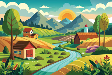 Vibrant illustration of a serene countryside, featuring rolling hills, farmhouses, and a winding river under a bright sky. Perfect depiction of rural tranquility and natural beauty.