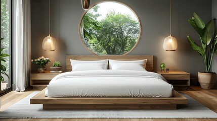 Serene Modern Bedroom Design with Wooden Bed and Circular Window