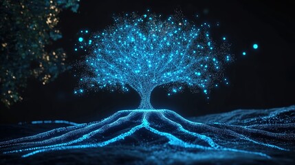 Digital art tree made of blue glowing lines and dots on dark background with blurred light spots.