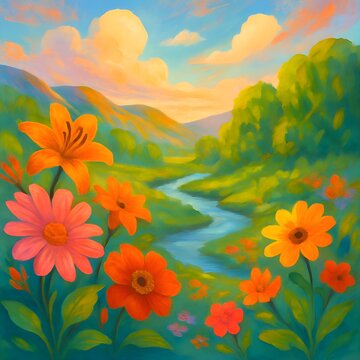 Bright and chill nature vibes flowers, hills, and a flowing river in one dream scene