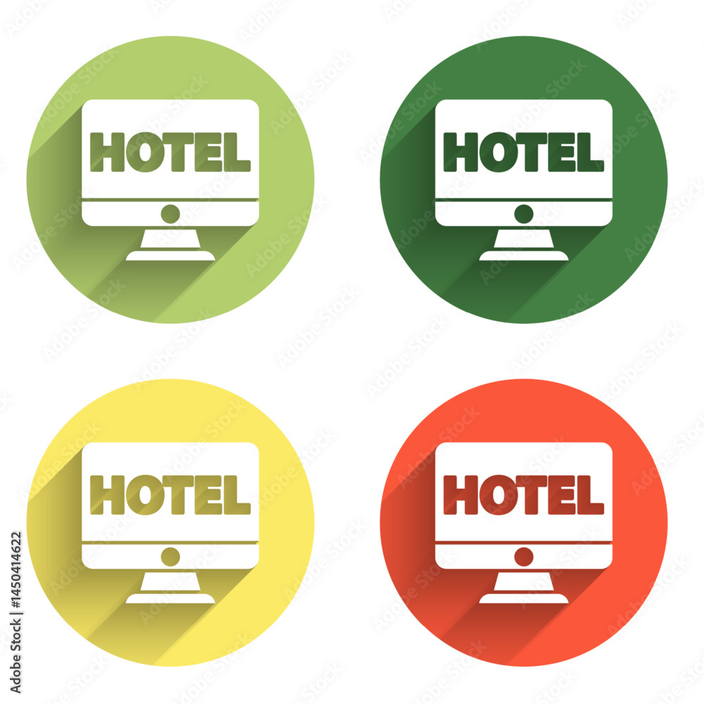 Poster set online hotel booking icon isolated with long shadow background. online booking design concept fo